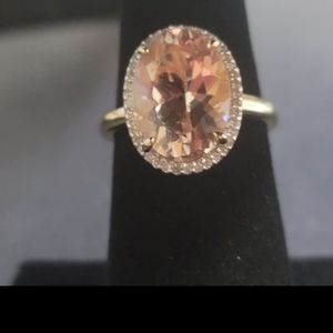 R324  14k Rose Gold Morganite and White Diamond Halo Ring